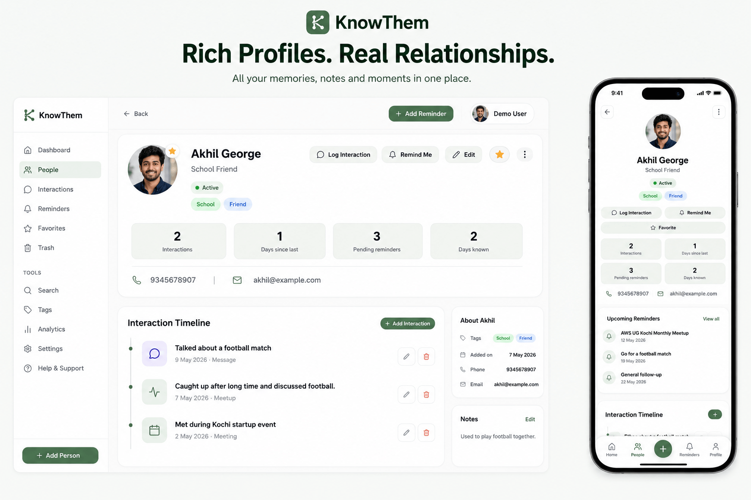 KnowThem Rich Profiles, detailed contact cards with photo, notes, tags and relationship context